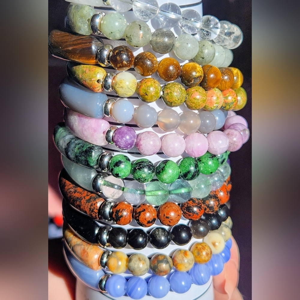 Genuine Crystal Beaded Bangle Stretch Bracelet Agate Quartz Obsidian Ruby Gem - Picture 5 of 10